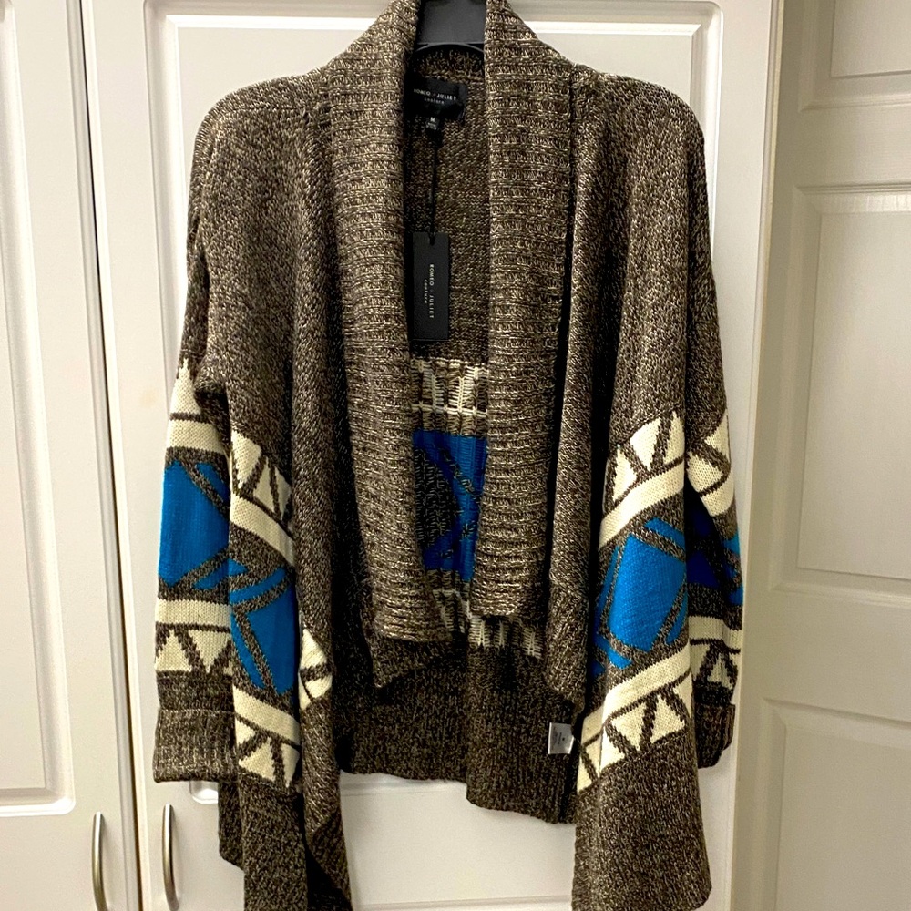 Romeo & Juliet Couture Brown Cardigan with Blue and Cream Patterns